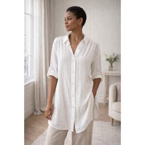 Anthropologie White Button Down Gauze Shirt Tunic Roll Tab Sleeves Small